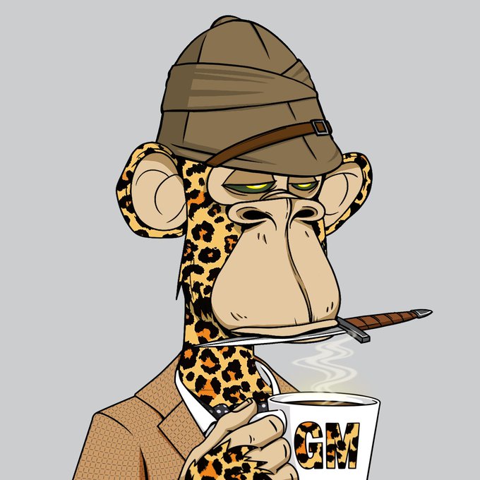 An illustrated cartoon monkey with leopard-print fur wears a brown deerstalker hat and detective coat, holding a steaming mug labeled 'GM' with a knife in its mouth.