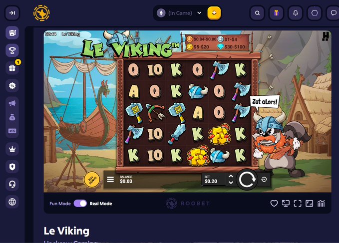 Screenshot of an online slot game called "Le Viking" on the RooBet platform, featuring a 6x5 grid with Viking-themed symbols and a cartoon viking character.
