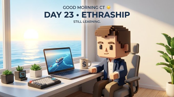A 3D pixel-art style image shows a blocky character at a desk with a laptop displaying a boat on water, with text 'GOOD MORNING CT 🌞 DAY 23 • ETHRASHIP STILL LEARNING.'