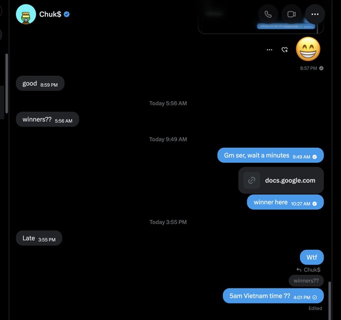 A Messenger chat conversation with 'Chuk$', showing messages like 'good', 'winners??', 'Late', 'Gm ser, wait a minutes', 'docs.google.com', 'winner here', and 'Wtf', with the recipient asking about '5am Vietnam time??'.
