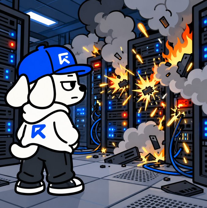 A cartoon dog wearing a blue cap and hoodie featuring the letter "R" stands calmly with a deadpan expression in a server room, while behind it servers explode in flames and sparks, illustrating the post's message about 50,000+ users overwhelming the platform's servers and prompting emergency scaling for $RUNNER whitelist holders.