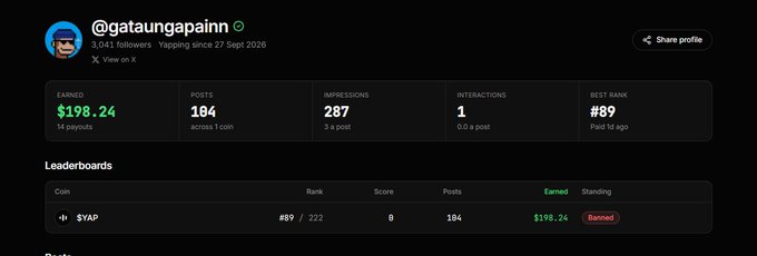 A profile page screenshot of X user '@gataoungapainn' showing 3,041 followers, displaying earnings of $198.24, 104 posts, 287 impressions, and a best rank of #89 for the coin $YAP.
