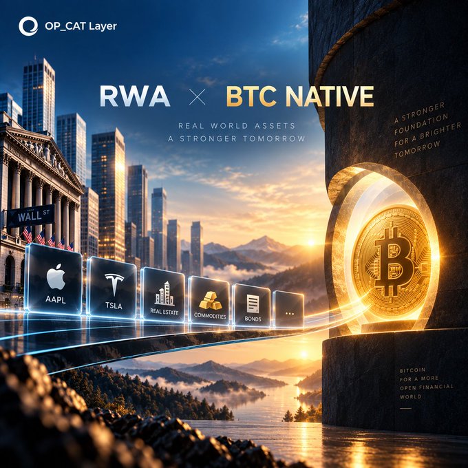 A promotional graphic for 'OP_CAT Layer' featuring 'RWA × BTC NATIVE' text, 'REAL WORLD ASSETS A STRONGER TOMORROW', a Bitcoin coin, and icons representing AAPL, TSLA, Real Estate, Commodities, and Bonds.