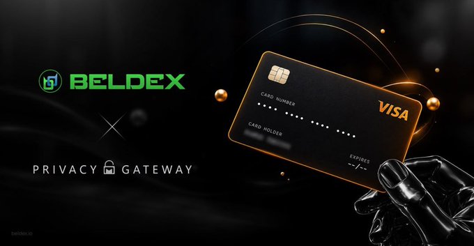 A sleek promotional banner showcases the Beldex (BDX) logo alongside "Privacy Gateway" branding, featuring a robotic hand holding a glowing gold Visa card with placeholder card details, symbolizing the integration of crypto privacy with real-world spending capabilities.