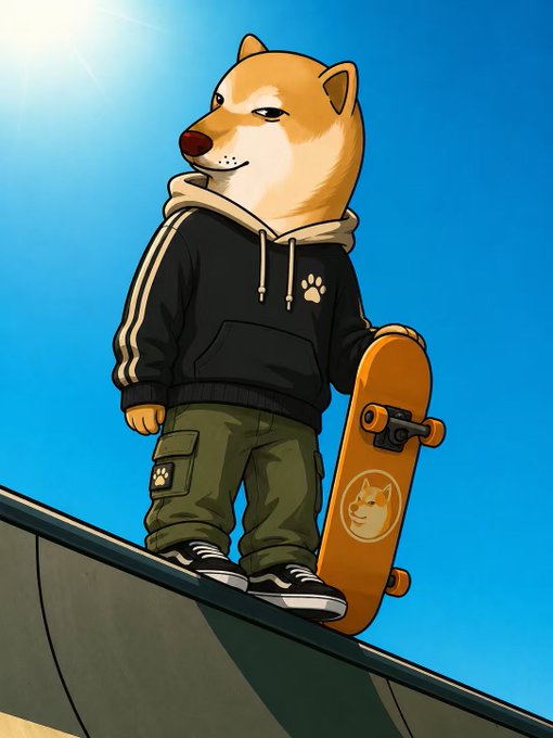 An anime-style illustration of a Shiba Inu dog wearing a black hoodie and green cargo pants, holding a skateboard against a bright blue sky.
