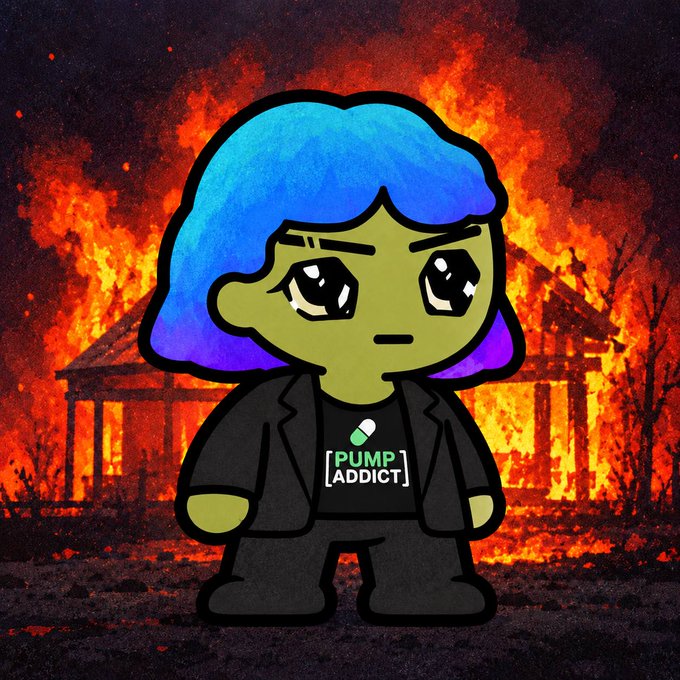 A cartoon character with blue and purple hair wearing a '[PUMP ADDICT]' t-shirt stands solemnly in front of a burning house engulfed in flames.