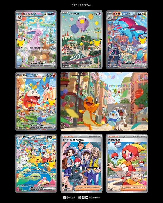 A Pokémon card binder page titled "DAY FESTIVAL" featuring full-art cards including Espeon ex (260 HP), Drifloon (70 HP), Salamence ex (330 HP), Fuecoco ex (210 HP), and Pikachu ex (190 HP), alongside Trainer cards "Friends in Paldea" and "Harlequin," with a central Charmander artwork celebrating the 30th Celebration set release.