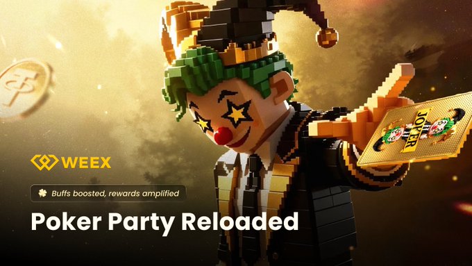 The image features a video game scene where a character dressed as a clown is holding a deck of cards, likely playing poker with other characters in the background. The text on the screen explains that this is a new season for the WeEx Poker Party Reload, offering an opportunity for players to win exciting rewards by participating in a live event during a specific time frame, which ends at 6 pm (noon). Players can join the event through the provided app and must trade at least 1,000 US Dollars (600€) to participate. The post promotes the exciting gaming experience that awaits those who take part in this unique game challenge.