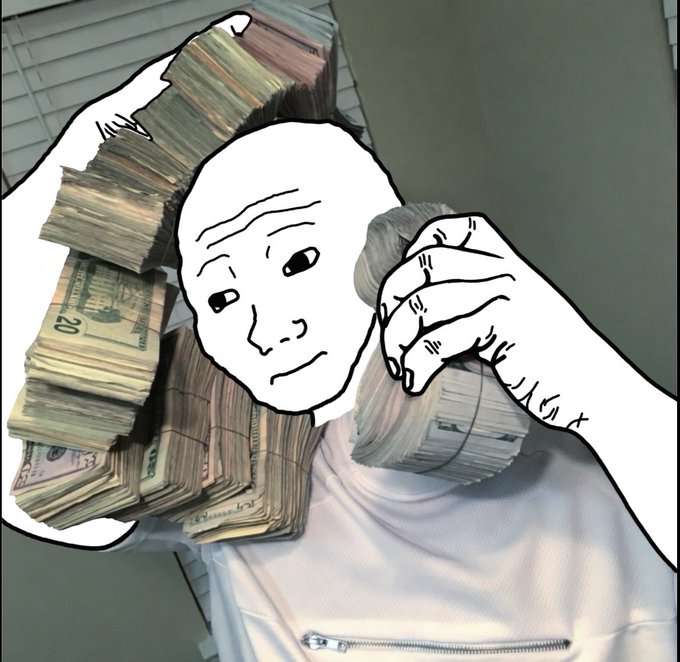 The image features a cartoon depiction of a person holding stacks of money, with their head tilted back as if they are about to put the money into their ear or listen to someone talking on the phone. The caption for the image reads "how i'm finna be wen $WOJAK is @ $10b market cap". This suggests that the image might be related to a post discussing the stock market, specifically the company "WOJAK", and its current value of $10 billion.