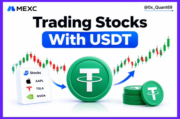 A promotional graphic from MEXC exchange titled 'Trading Stocks With USDT' showing AAPL, TSLA, and NVDA stock icons alongside a large USDT (Tether) coin with stock chart graphics.