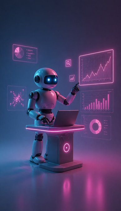 A 3D rendered white robot with glowing blue eyes sits at a neon-lit desk with a laptop, surrounded by floating holographic screens displaying pie charts, line graphs, and bar charts in pink and blue lighting.