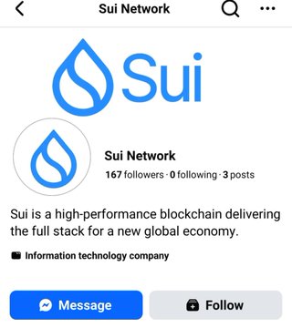 A social media profile page for 'Sui Network' describing it as a high-performance blockchain delivering the full stack for a new global economy.