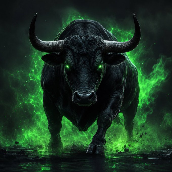 A dramatic digital artwork of a powerful black bull with glowing green eyes charging forward, surrounded by swirling green energy and smoke.