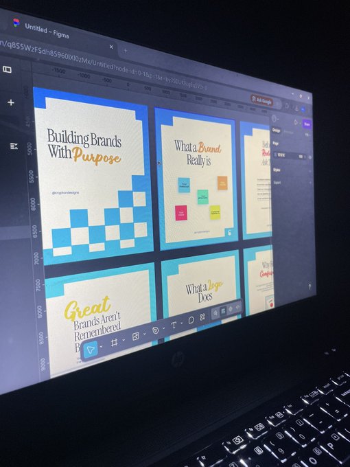 An HP laptop displays a Figma design file titled "Untitled" featuring social media graphics with phrases like "Building Brands With Purpose," "What a Brand Really is," and "What a Logo Does."