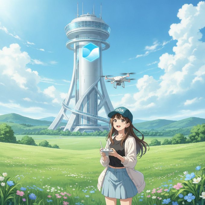An anime-style illustration of a young woman wearing a cap labeled 'OOK', holding a remote controller, with a drone flying near a futuristic tower featuring a blue wave logo, set in a grassy meadow with flowers and mountains.