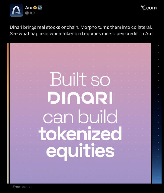 X.com post from @arc announcing a partnership with Dinari, stating 'Dinari brings real stocks onchain. Morpho turns them into collateral,' with a pink graphic reading 'Built so DINARI can build tokenized equities' from arc.io.