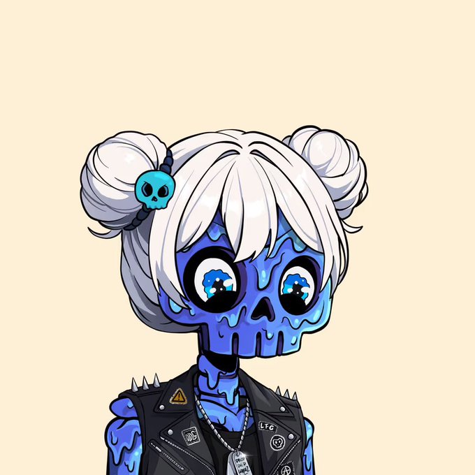 A digital illustration of a stylized character with blue melting skull-like skin, large expressive eyes, and white hair styled in twin buns with a small skull hair clip, wearing a black studded leather jacket with various pins.