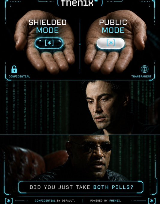 Promotional graphic for Fhenix featuring a Matrix-themed design with two pills labeled 'Shielded Mode' (Confidential) and 'Public Mode' (Transparent), asking 'Did you just take both pills?'