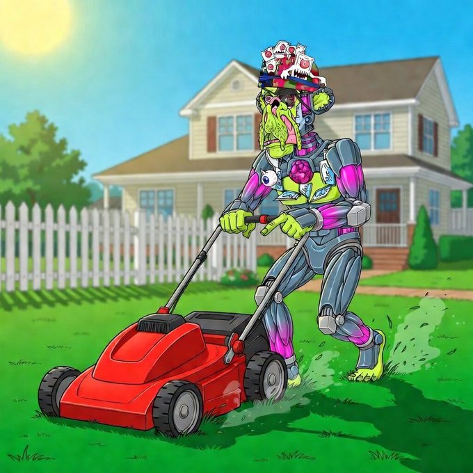 An illustrated cartoon of a green, mechanical cyborg wearing a 'Juicy' baseball cap pushing a red lawn mower in a suburban yard.