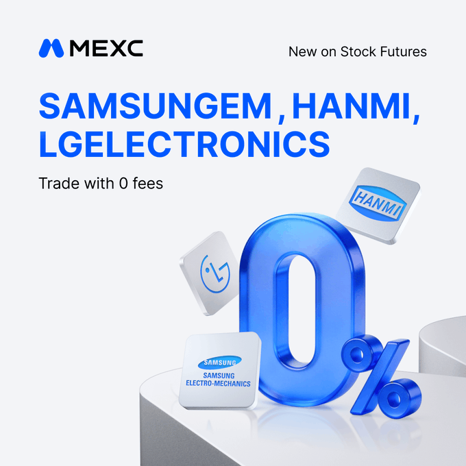 A MEXC promotional graphic announcing new stock futures listings for SAMSUNGEM, HANMI, and LGELECTRONICS with a prominent 3D blue "0%" symbol highlighting the zero-fee trading offer, accompanied by their respective company logos on floating tiles.
