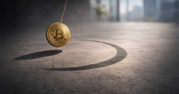 A gold Bitcoin pendant on a chain swings over a concrete surface, casting a circular shadow.