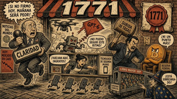 A complex news cartoon collage centered around '1771', featuring figures discussing 'CLARIDAD', 'GPT-6', 'SUBIDA DE TASAS', and 'LIBRO MAYOR XRP', with speech bubbles in Spanish.