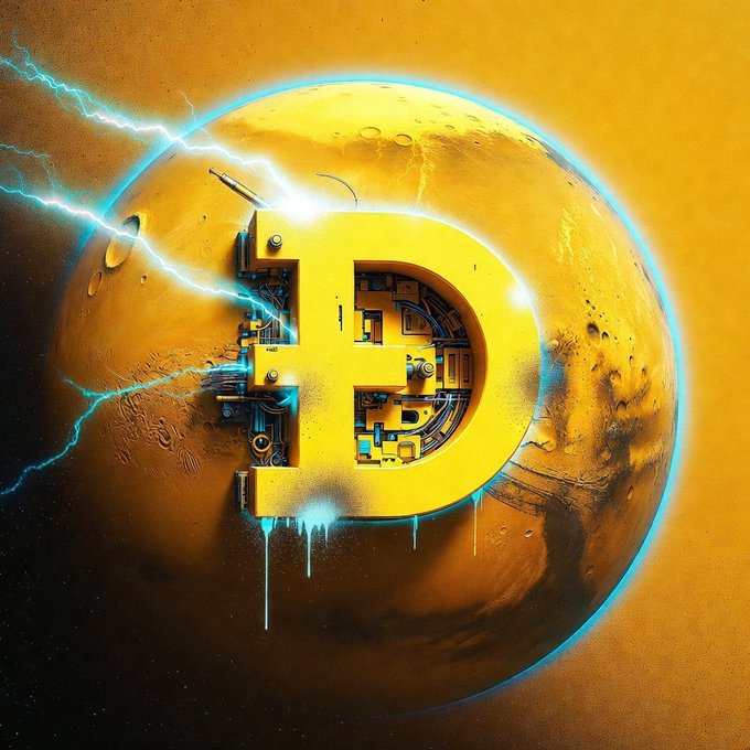 A large golden letter 'D' resembling a mechanical construct sits on a Mars-like planet, illuminated by blue lightning strikes.