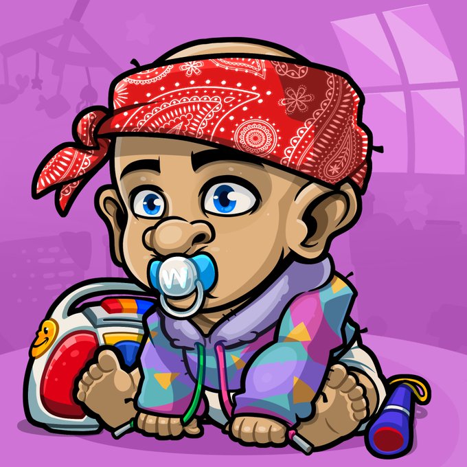 A cartoon illustration of a baby wearing a red bandana, a colorful geometric-patterned hoodie, and a blue pacifier, sitting while holding a toy.