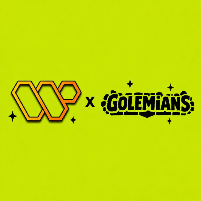 The image features a collaboration announcement graphic on a bright yellow-green background, displaying the orange honeycomb-style logo of Wallchain alongside the "GOLEMIANS" wordmark in a pixelated font with sparkle accents. A black "x" between the logos visually reinforces the partnership mentioned in the post about the newly formed collaboration.