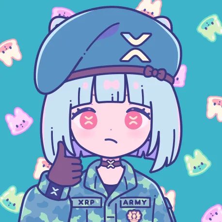 An anime-style illustration of a chibi character with light blue hair wearing a blue beret and military-style jacket labeled 'XRP ARMY', giving a thumbs up against a teal background with cute floating tooth-like characters.