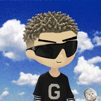 An animated avatar of a person with curly hair wearing black sunglasses and a black "G" shirt against a blue sky.