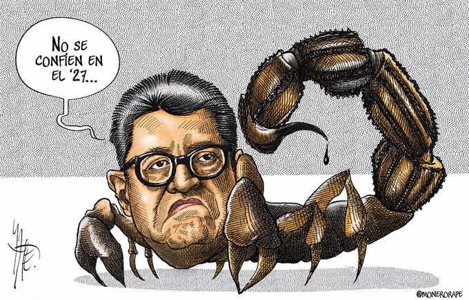 A political cartoon by @MONErorape shows a man with glasses as a scorpion with the speech bubble "No se confíen en el '27..." The accompanying post from @Milenio frames domestic opposition as "Richard," likely referencing a quote and suggesting critics of a political figure should not become complacent, drawing on the scorpion metaphor of someone who betrays despite apparent alliance.
