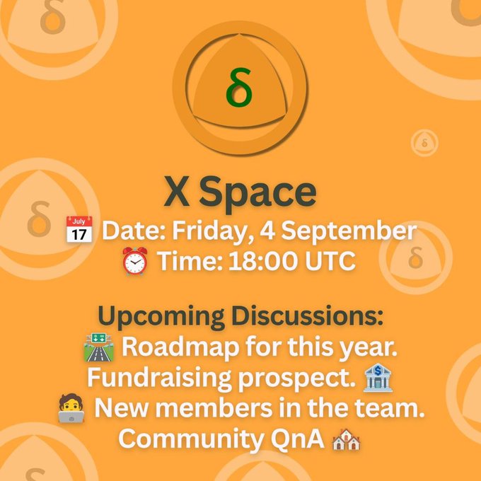 Orange promotional graphic for an “X Space” scheduled for Friday, 4 September at 18:00 UTC, listing discussions on this year’s roadmap, fundraising prospects, new team members, and a community Q&A.