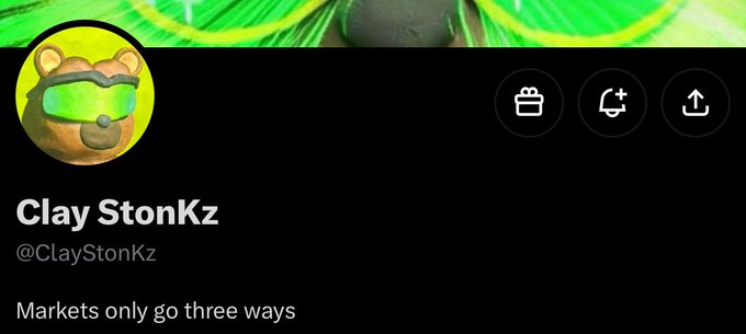 The image shows a Twitter/X profile for "Clay StonKz" (@ClayStonKz) with the bio "Markets only go three ways," featuring a cartoon character avatar wearing green goggles. This appears to be a screenshot of the profile mentioned in the post, which references a two-day mint event starting the next day with no whitelist yet available.