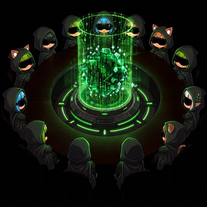A stylized digital illustration shows hooded figures with cat ears and visors gathered around a glowing green holographic cube and technological ring on a dark surface.