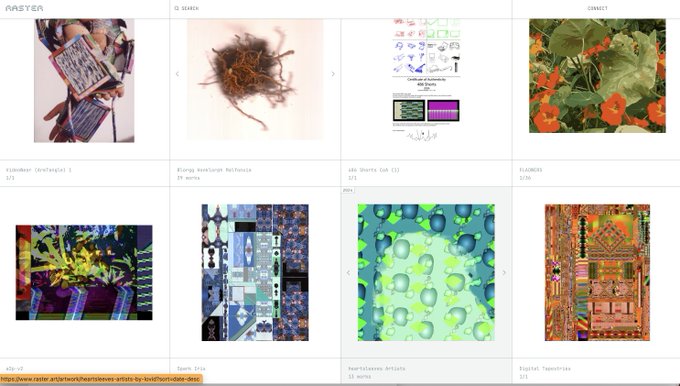 The image shows the Raster gallery interface displaying multiple artworks by artist "k1d-v3" (credited as @heartbeeeve) under a "MASTER" header, including titles like "#Josiebon (artefacta)", "(forge worksheet) Mellonize", "n0x Shorts Cub (1)", and "FLORENS", demonstrating how the platform showcases individual pieces by the artist rather than contract-based listings.