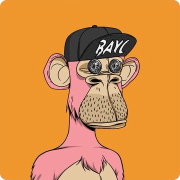 A cartoon illustration of a pink monkey wearing a black cap with 'BAYC' written on it and round sunglasses, set against an orange background.
