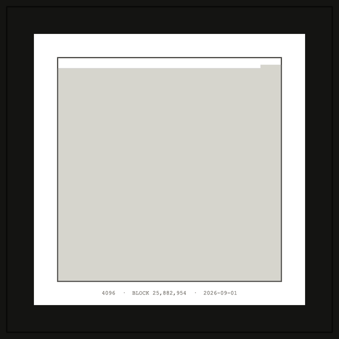 A minimalist graphic design with a large beige rectangle centered on a white background, with text below reading '4096 · BLOCK 25,882,954 · 2026-09-01'.