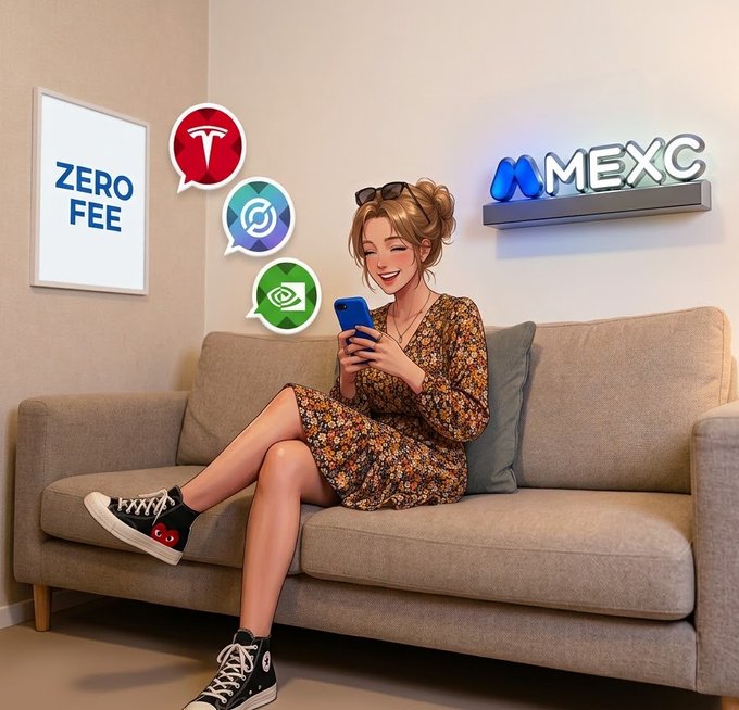 A young woman sits smiling on a beige couch while scrolling through her smartphone, with speech bubbles displaying crypto token icons floating beside her. The scene is accented by a framed "ZERO FEE" poster on the wall and a glowing "MEXC" neon sign mounted above, visually tying into her post about discovering MEXC's tokenized stocks feature.