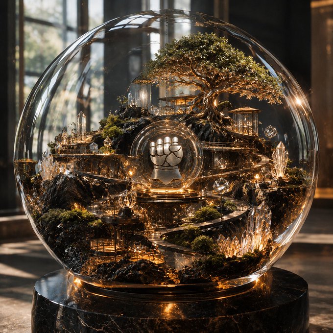 A glass orb rests on a dark marble pedestal, encasing a miniature fantasy landscape with a central metallic fist emblem, lush tree, crystalline structures, and golden-lit terraces. The encapsulated world symbolizes the self-contained, multi-dimensional ecosystem described in the caption, where the IronAllies fist represents the project's identity and the intricate layered surroundings reflect the diverse "structure" of meaningful engagement that sustains its NFT community beyond initial entry.