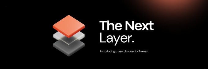 A sleek promotional graphic featuring stacked 3D layers in red, white, and gray, alongside the bold text "The Next Layer." and "Introducing a new chapter for Toknex," visually echoing the post's announcement of Toknex launching its onchain vaults as the platform's next evolution.
