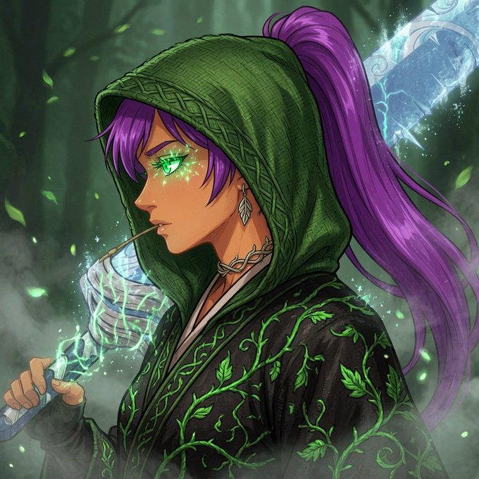 A hooded mage with vibrant purple hair and glowing green eyes blows magical smoke from a horn, embodying a mystical NFT character. The image's fantasy aesthetic pairs with the post's urgent mint schedule announcement for an OpenSea collection at opensea.io/collection/loo..., with phased releases at 19:00, 19:30, and 21:00 UTC.