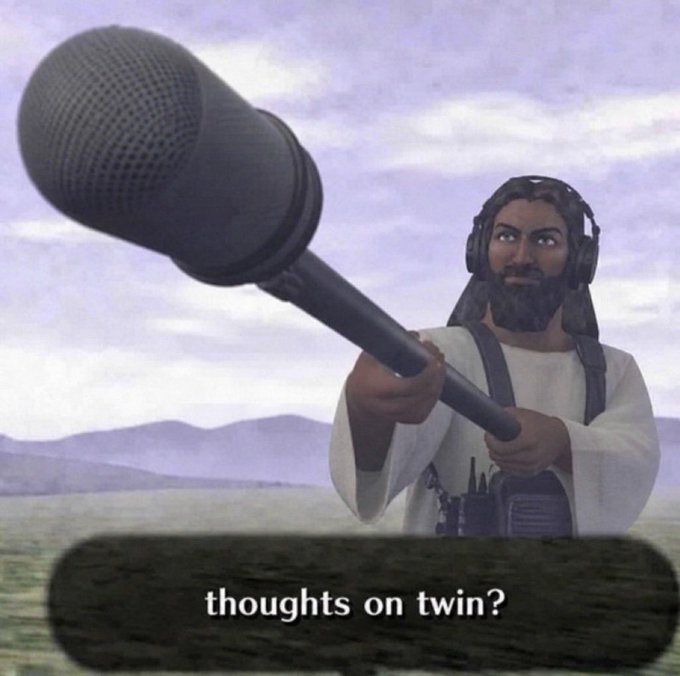 The image features a 3D animated figure with long hair, a beard, and headphones, holding an oversized microphone in an open landscape. The caption at the bottom reads "thoughts on twin?" which responds to the post's greeting "Hey twin," inviting the recipient to share their opinion.