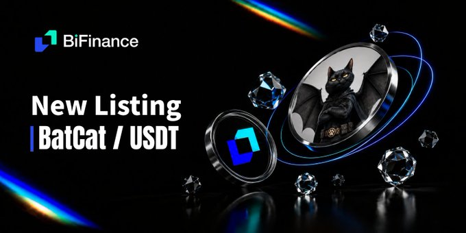 A promotional graphic from BiFinance announces a "New Listing | BatCat / USDT," featuring a 3D coin with a bat character design alongside glowing blue diamond shapes.