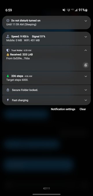 A smartphone notification screen displaying 'Do not disturb turned on Until 11:59 AM (Sleeping)', along with data usage, Trust Wallet, steps (336/6000), Secure Folder locked, and Fast charging alerts.