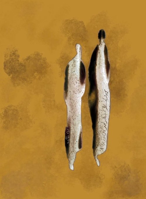 An artistic rendering of two ancient, pointed bone or stone artifacts with markings, displayed against a textured ochre background.