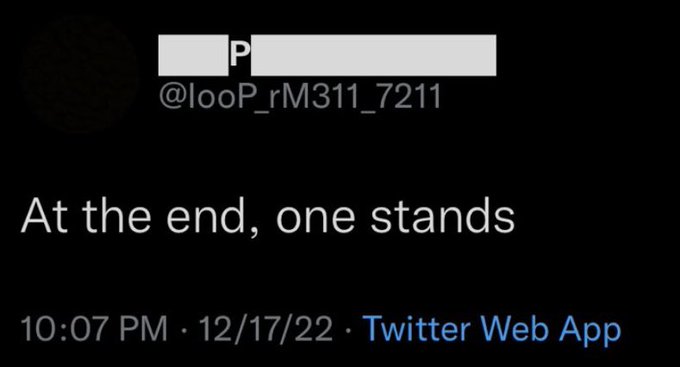 A Twitter screenshot dated 12/17/22 from user @looP_rM311_7211 reads "At the end, one stands," posted via Twitter Web App at 10:07 PM. The image's theme of a sole survivor ties metaphorically to the post's argument that XRP will be the first cryptocurrency to gain legal clarity and emerge ahead in regulatory approval, standing alone once the Clarity Act resolves the broader crypto landscape.