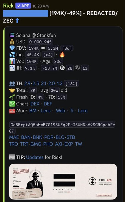A Telegram chat screenshot from 'Rick' showing crypto token data for 'Solana @ Stonkfun' including FDV, Liquidity, and contract address details, ending with a 'REDACTED' meme image.
