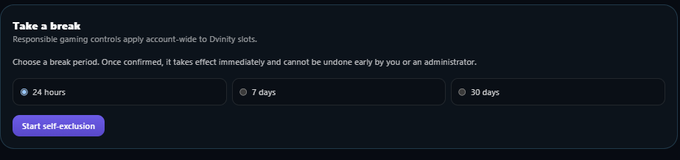 A dark-mode 'Take a break' self-exclusion interface for Divinity slots, offering options of 24 hours, 7 days, or 30 days with a 'Start self-exclusion' button.