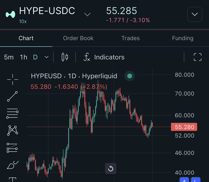 The image shows a daily candlestick chart for HYPE-USDC trading pair on Hyperliquid, currently priced at 55.280 (down 2.87%), with 10x leverage available. The chart visualizes HYPE's recent price action ranging from ~$40 to ~$80, providing technical support for the bullish thesis that HYPE will be the leading performer in the upcoming crypto bull cycle.